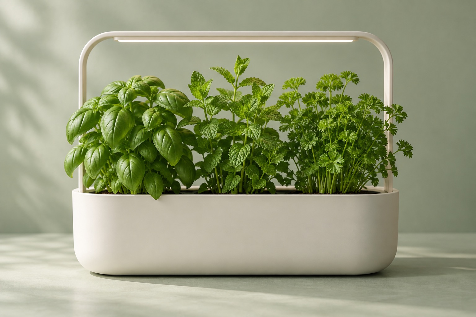 Fictional compact indoor herb garden with three plants and an overhead grow light